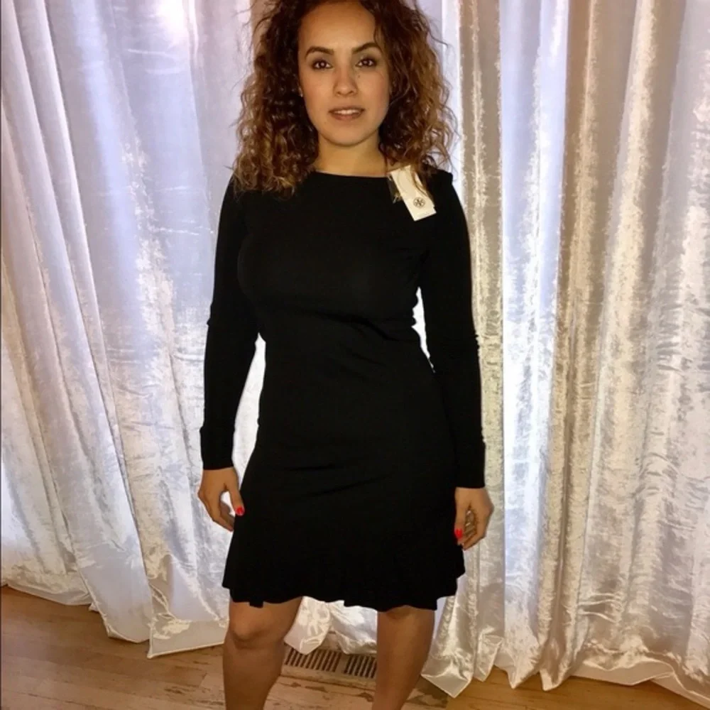$300 TORY BURCH “Foster” Black Long Sleeve Ruffle Dress Gold Buttons Size Small